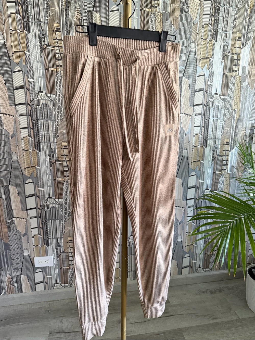 ALO Yoga Ribbed Joggers and Cropped Sweatshirt in Taupe Beige